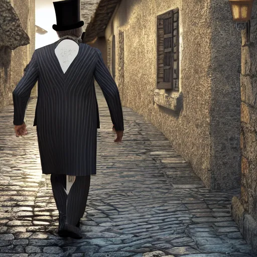 Prompt: an old man wearing a suit and top hat in a medieval village, D&D, high detail, trending on artstation, 4k photorealistic, volumetric lighting, HD