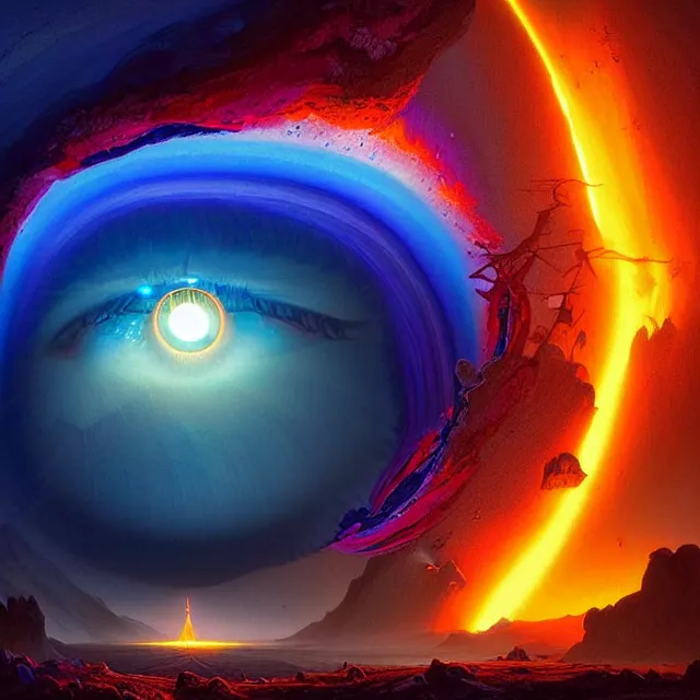 Image similar to the human eye iris, a portal to a fantasy aerial iceland landscape is seen inside the human eye!!!!!, volumetric lighting, colorful, sharp and focus, ultra detailed, beautifully lit landscape, astrophotography, in the art style of dan mumford, ivan aivazovsky and marc simonetti