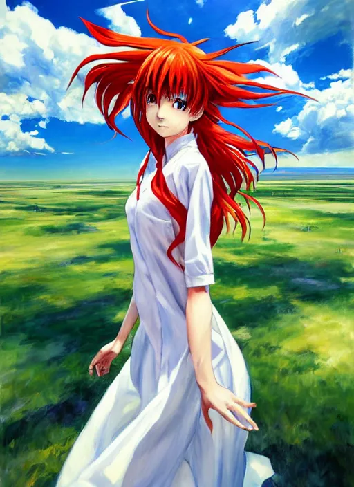 Image similar to portrait of Asuka Soryu Langley from Neon Genesis Evangelion with long wavy red hair in a white dress, countryside, calm, fantasy character portrait, dynamic pose, above view, sunny day, thunder clouds in the sky, artwork by Makato Shinkai and Giuseppe Dangelico Pino and Michael Garmash and Rob Rey, very coherent asymmetrical artwork, sharp edges, perfect face, simple form, 100mm