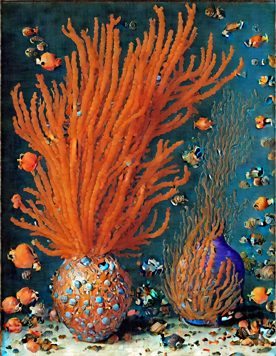 Prompt: bottle vase of coral under the sea decorated with a dense field of stylized scrolls that have opaque outlines enclosing mottled blue washes, with orange shells and purple fishes, ambrosius bosschaert the elder, oil on canvas, surrealism