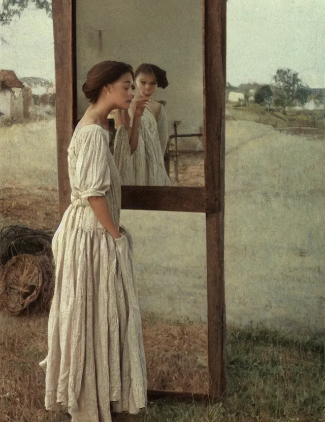 Prompt: peasant girl trying dress in front of a mirror, on a village, Cinematic focus, Polaroid photo, vintage, neutral colors, soft lights, foggy, by Steve Hanks, by Serov Valentin, by lisa yuskavage, by Andrei Tarkovsky 8k render, detailed, oil on canvas