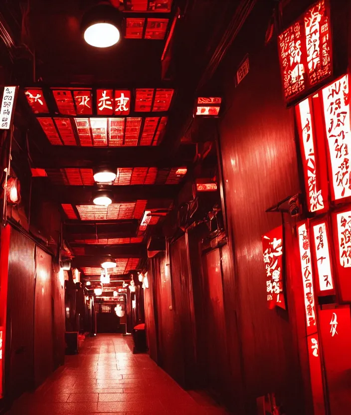 Image similar to spooky photo of a dark infinite hallway of a japanese izakaya with open lit doorways all the way down, dramatic lighting, smoke, ceiling fluorescent lighting, black and red colour palette