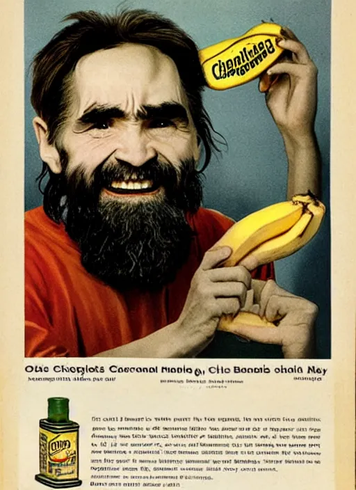 Image similar to vintage toothpaste advertisement depicting charles manson slipping on a banana peel