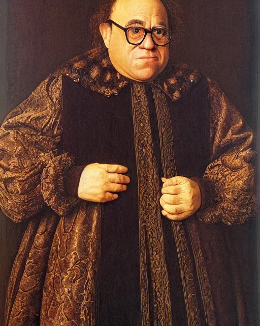 Prompt: a portrait of danny devito painted by jan van eyck, 4 k detail, portrait