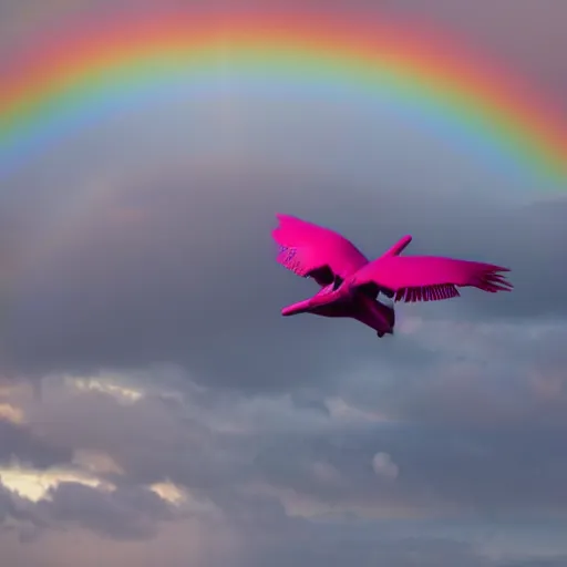 Image similar to Angel-winged limousine flying into a cloudy but sunny pink sky - rainbow on the background