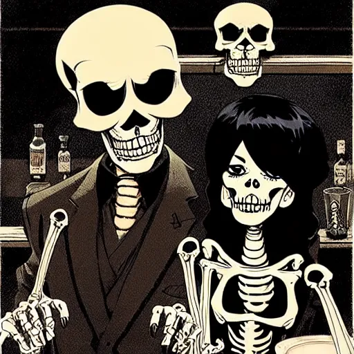 Prompt: two skeletons at a bar drinking glasses of whiskey, evil, cinematic, powerful, super detailed and intricate, by koson ohara, by darwyn cooke, by greg rutkowski, by satoshi kon