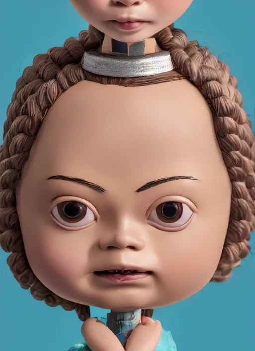 Image similar to closeup face profile portrait of tin toy greta thunberg as a bikini model eating cakes, depth of field, zeiss lens, detailed, symmetrical, centered, fashion photoshoot, by nicoletta ceccoli, mark ryden, lostfish, breathtaking, 8 k resolution, extremely detailed, beautiful, establishing shot, artistic, hyperrealistic, octane render