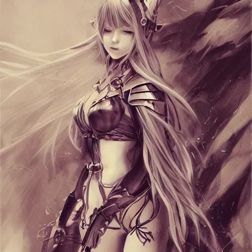 Image similar to realistic full body character design character design of an anime girl with long white hair wearing Elden Ring armor with engraving in the style of Yoji Shinkawa, noisy film grain effect, highly detailed, Renaissance oil painting, weird portrait angle, blurred lost edges, three quarter view