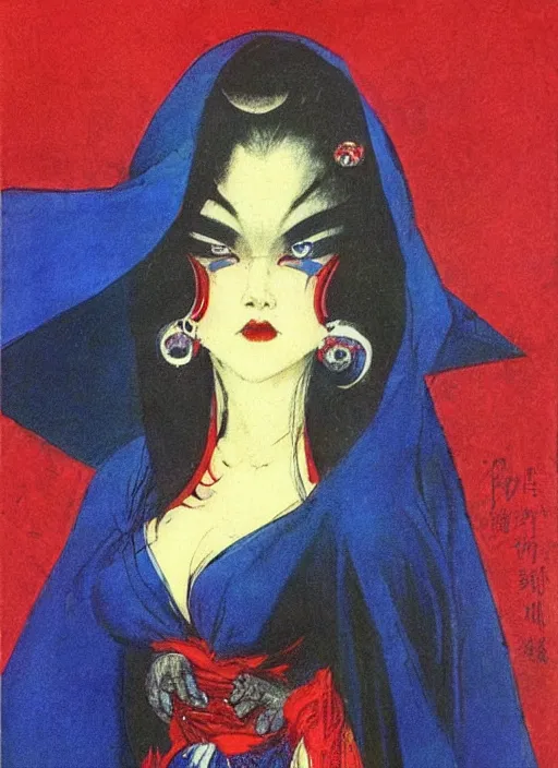 Image similar to portrait of heavyset mighty korean vampiress, jeweled veil, blue and red, strong line, saturated color, beautiful! coherent! by frank frazetta, high contrast, minimalism