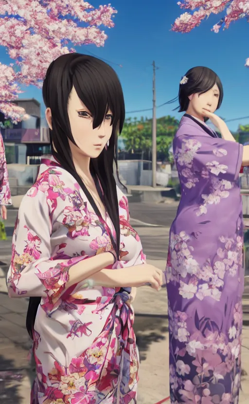 Image similar to anime style, gta 5, panoramic centered view of girl, girl in center, yukata clothing, sakura tree in background, short hair, hair down, symmetrical facial features, from arknights, hyper realistic, extreme detail, volumetric lights, 4 k drawing, safebooru, realistic lighting, by alphonse mucha, greg rutkowski, sharp focus, backlit