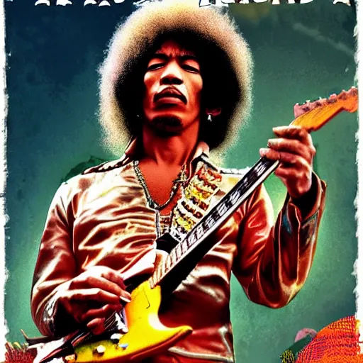 Image similar to HD digital concert poster Jimi Hendrix at Woodstock, ultra realistic, powerful, iconic, love peace and unity, hippy, flower power
