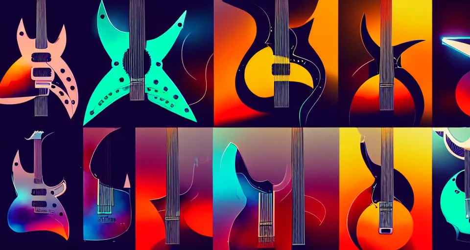 Image similar to a layout of amazing futuristic guitars, cinematic lighting, detailed, beautiful colors, by greg rutowski and studio ghibli