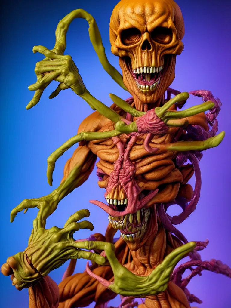 Prompt: hyperrealistic rendering, skeletor by art of skinner and richard corben and jeff easley, product photography, action figure, sofubi, studio lighting, colored gels