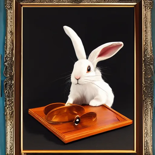Prompt: a lop-eared rabbit as a scientist with a monocle, a 3dprinter stands on a table, making a red wase, masterpiece 4k, intricate details, realistic, panoramic view, Hyperdetailed, 8k resolution, photorealistic