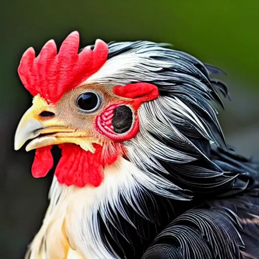 Image similar to a newly discovered breed of chicken with black feathers that is spotted with small very distinct white hearts!!!