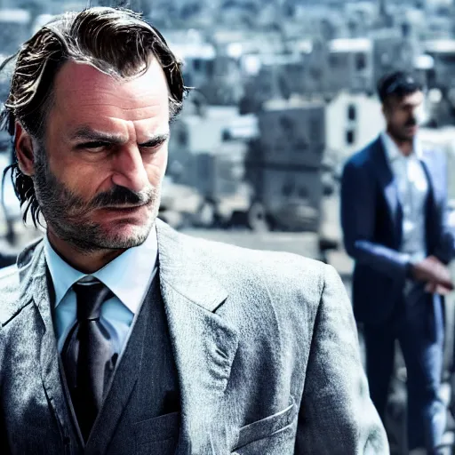 Image similar to kurdish capitalist wearing a suit, dressed smart, in a movie directed by christopher nolan, movie still frame, promotional image, imax 7 0 mm footage