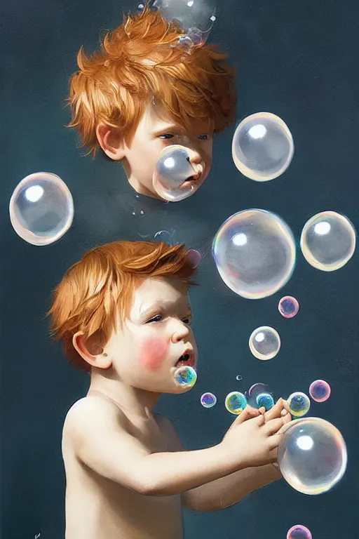 Image similar to a little boy with ginger hair chasing bubbles. clean elegant painting, beautiful detailed face, lots of bubbles. by artgerm and greg rutkowski