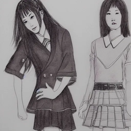 Image similar to a perfect, realistic professional digital sketch of two Japanese schoolgirls posing, 1970s, in style of Marvel, full length, by pen and watercolor, by a professional American senior artist on ArtStation, a high-quality hollywood-style sketch, on high-quality paper