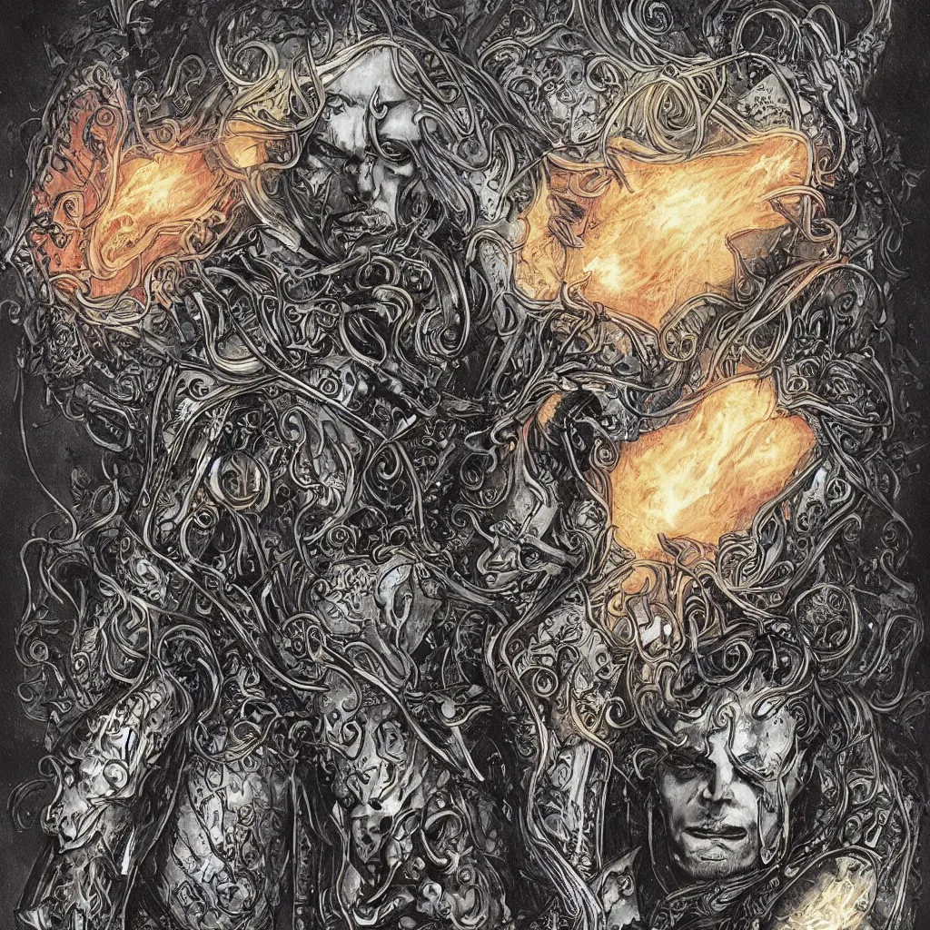 Image similar to A dramatic full color art nouveau bust portrait of Elric of Melnibone in black detailed armor, holding a rune-engraved black broadsword glowing with eldritch power, wearing an intricately hyperdetailed eyeball star chaos crown, by Travis Charest, P. Craig Russell, Michael Kaluta and Jia Ruan, fantasy, crisp lighting and edges, dark ambience, malevolent expression, determination, fear, confidence, accurate symmetrical facial details, aquiline facial features, medieval fantasy designs, white wolf