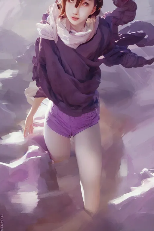 Image similar to Full View of Eunha from Viviz and gFriend with short hair wearing a purple military uniform and puffy silk shorts, white leggings, Golden Ribbon, and a billowy scarf. Rhythmic gymnastics poses. masterpiece 4k digital illustration by Ruan Jia and Mandy Jurgens and Artgerm and greg rutkowski and WLOP, award winning, Artstation, art nouveau aesthetic, Alphonse Mucha background, intricate details, realistic, panoramic view, Hyperdetailed, 8k resolution, intricate art nouveau