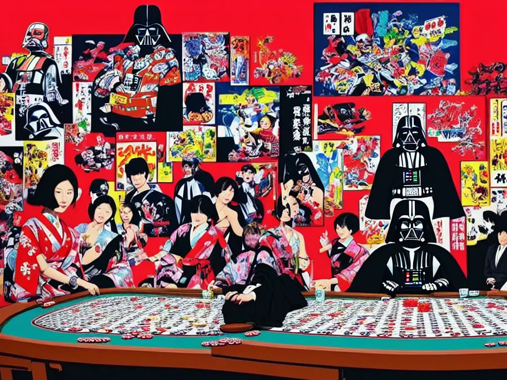 Image similar to hyper - realistic composition of a large room with an extremely detailed poker table in the center, woman in traditional japanese kimono standing nearby, darth vader sitting at the table, fireworks in the background, pop art style, jackie tsai style, andy warhol style, acrylic on canvas, dull palette