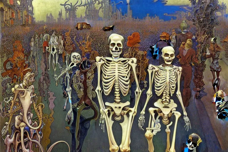 Image similar to realistic detailed portrait painting of a skeleton in a crowded futuristic street by Jean Delville, Amano, Yves Tanguy, Alphonse Mucha, Ernst Haeckel, Edward Robert Hughes, Roger Dean, rich moody colours, blue eyes