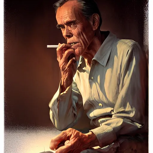 Image similar to a highly detailed epic cinematic concept art CG render digital painting artwork costume design: Henry Fonda as a 1950s tired disillusioned poet, barefoot, smoking a cigarette. volumetric lighting. By Greg Rutkowski, in the style of Francis Bacon and Syd Mead and Norman Rockwell and Beksinski, open ceiling, highly detailed, painted by Francis Bacon and Edward Hopper, painted by James Gilleard, surrealism, airbrush, Ilya Kuvshinov, WLOP, Stanley Artgerm, very coherent, triadic color scheme, realistic facial expression, art by Takato Yamamoto and James Jean