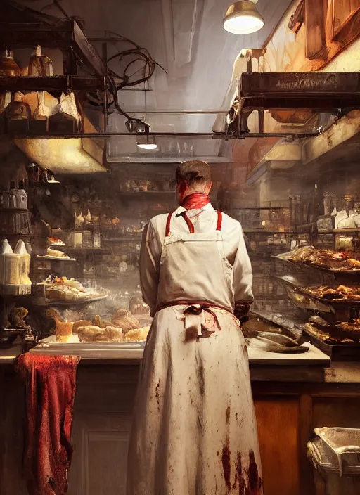 Prompt: portrait of an old butcher, bloodstained apron, at a butcher shop, dramatic lighting, dimly lit, medium view, asymmetrical intricate elegant matte painting illustration, by greg rutkowski and greg tocchini and james gilleard and sargent and leyendecker and greg manchess