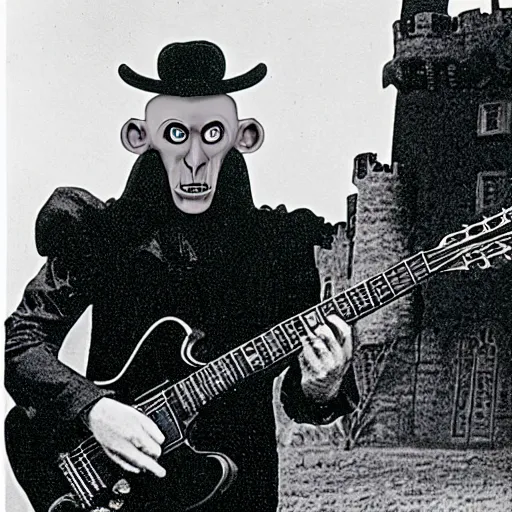 Image similar to vintage photograph of count orlok outside his castle, playing the blues on guitar, castle in the background, 4 k