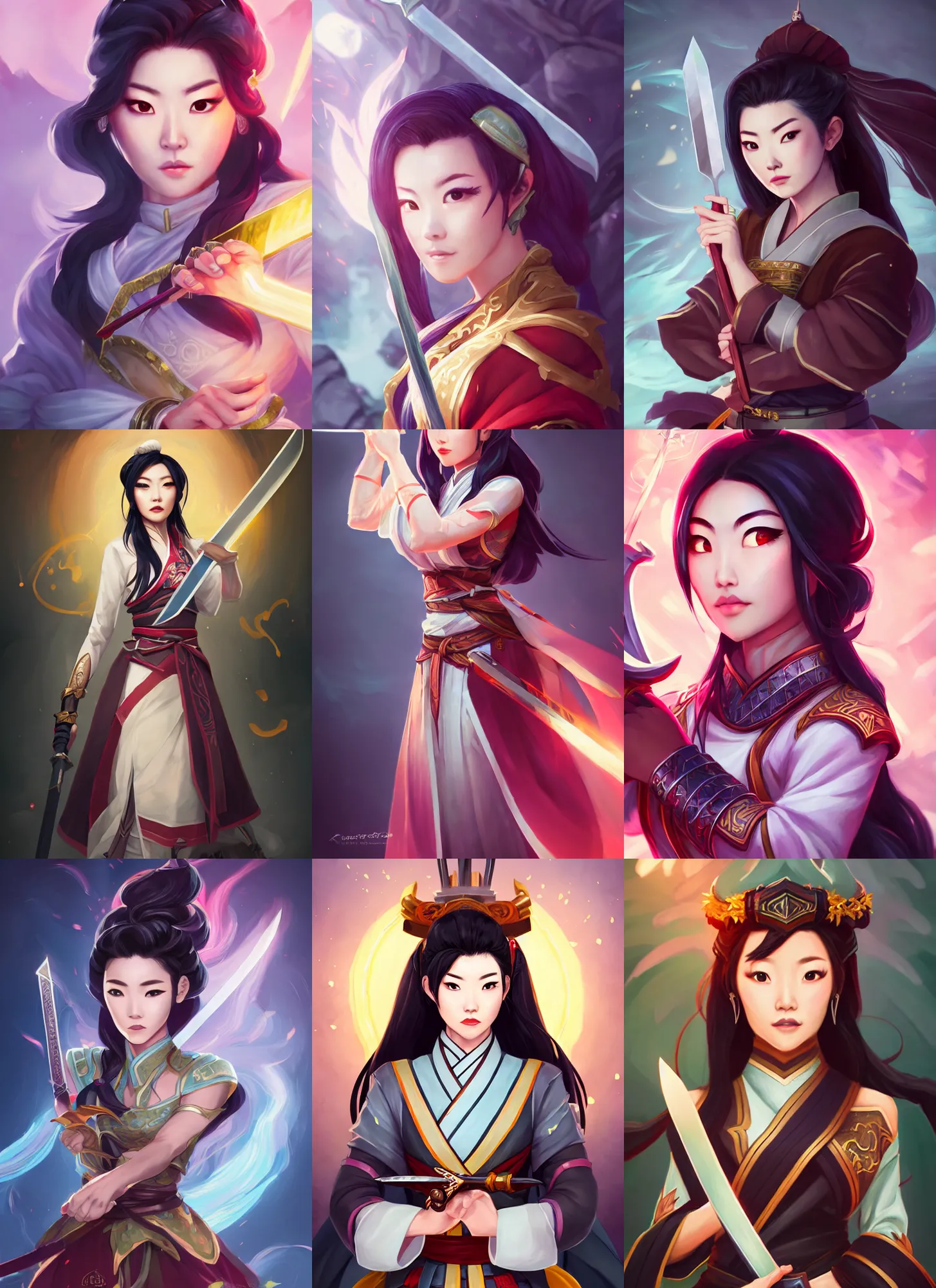 Prompt: a portrait of beautiful arden cho chef character with a radiant sword in her right hand in a fighting stance by ross tran and loish, sharp focus, detailed, cinematic, hanbok apron, 4 k, symmetrical face