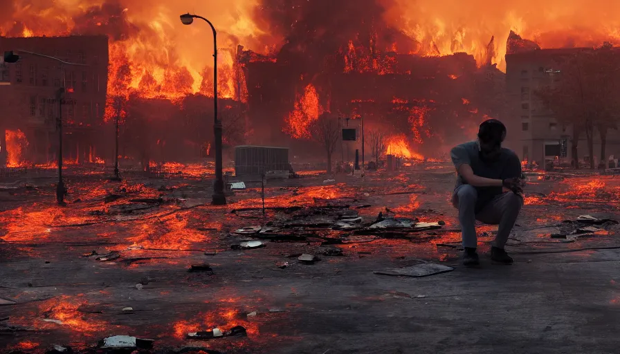 Prompt: sad man on his knees in burning washington dc, sky on fire, ashes, smoke columns, debris, collapsed buildings, hyperdetailed, artstation, cgsociety, 8 k