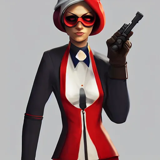 Image similar to spy from team fortress 2 as a woman, concept art, trending in artstation, artstationHD, artstationHQ, highly detailed, 4k