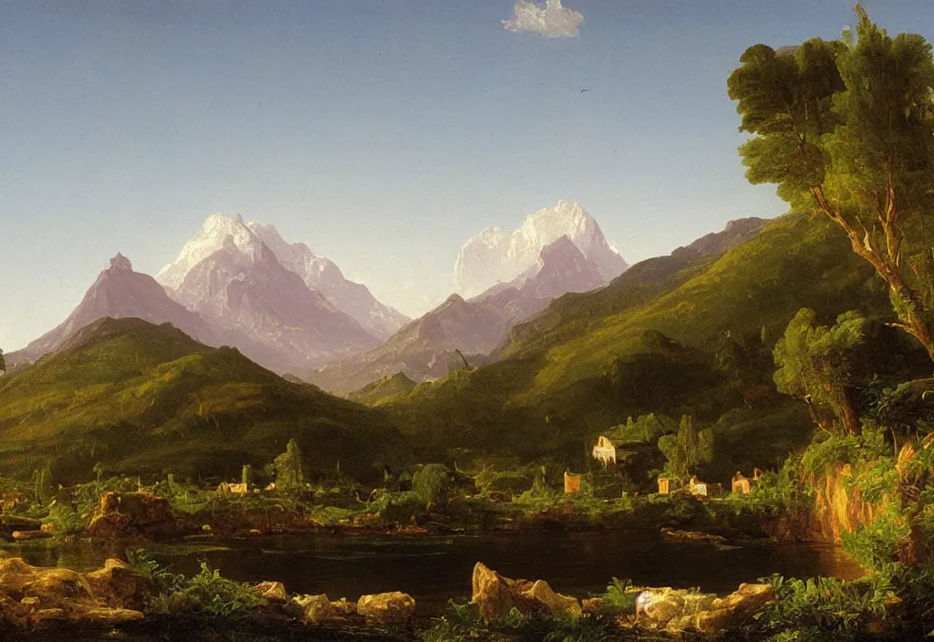 Image similar to painting of a rural town with mountains in the background, thomas cole