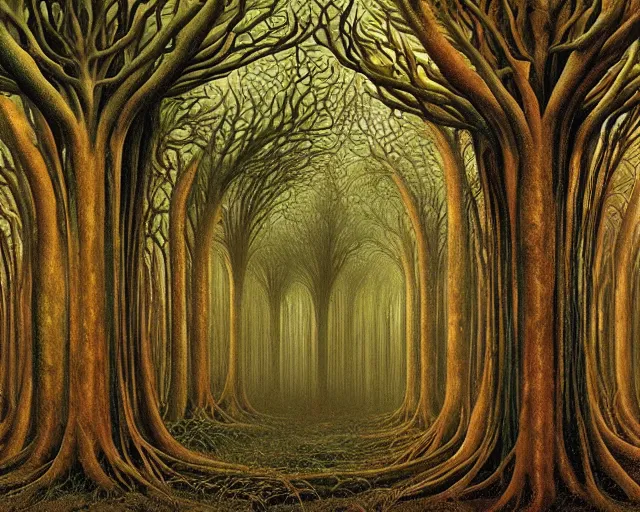 Image similar to fractal acid trip forest by vladimir kush and giger