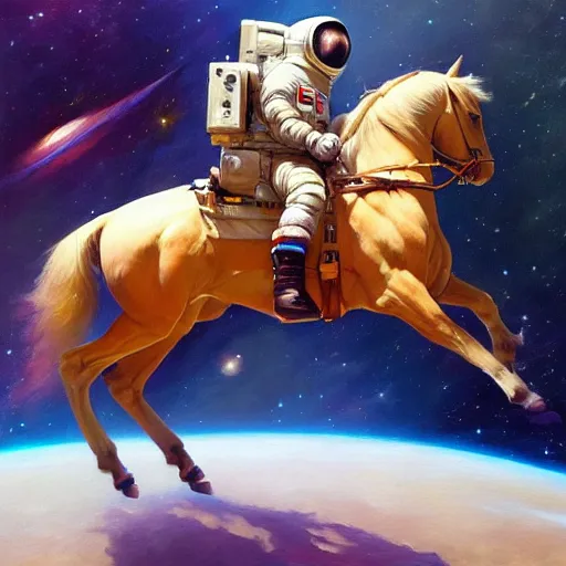 Prompt: An astronaut riding a horse in space, oil on canvas by Frank Frazetta, artstation, digital art, WLOP, Mandy Jurgens