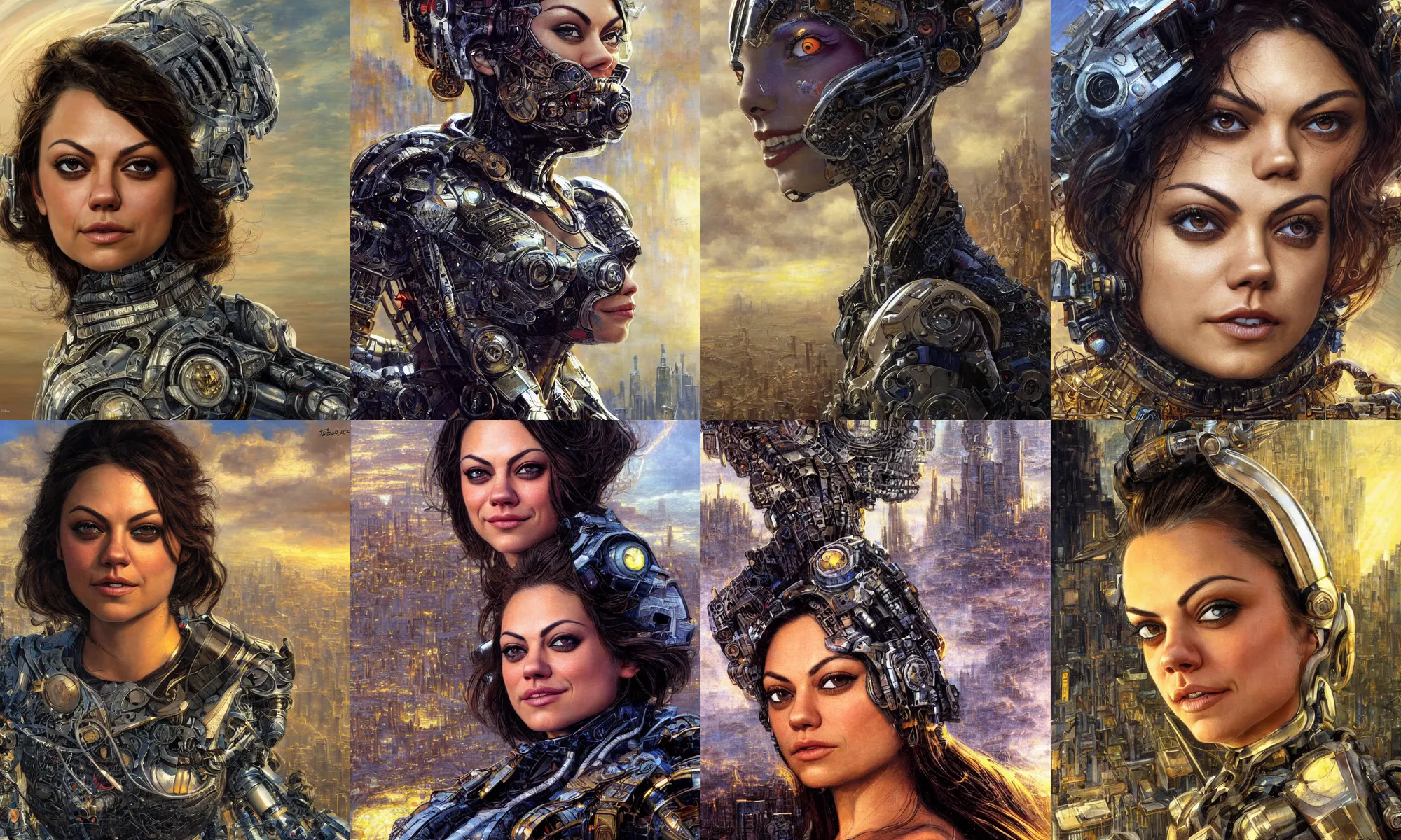 Image similar to close - up portrait of epic mila kunis smiling into camera, intricate cyborg armor, vista of futuristic city, windy, golden hour, wlop, by gerald brom, by mikhail vrubel, by peter elson, muted colors, extreme detail, trending on artstation