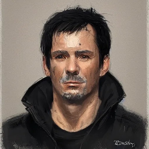 Image similar to Portrait of a man by Greg Rutkowski, he is about 40 years old, short black hair with bangs, his features are a mix between French, Turkish and Russian, dad vibes, he is wearing a white and black utility jumpsuit, highly detailed portrait, digital painting, artstation, concept art, smooth, sharp foccus ilustration, Artstation HQ.