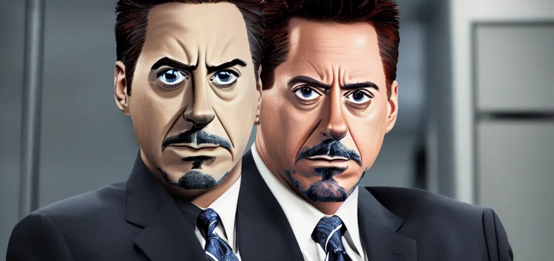 Image similar to a very high resolution image of tony stark. from an episode of the office with micheal scott. photorealistic, photography