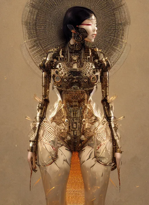 Image similar to portrait of a futuristic geisha cyborg, divine goddess, kintsugi, modern fine art, fractal, intricate, elegant, highly detailed, digital photography, subsurface scandering, by jheronimus bosch and greg rutkowski,