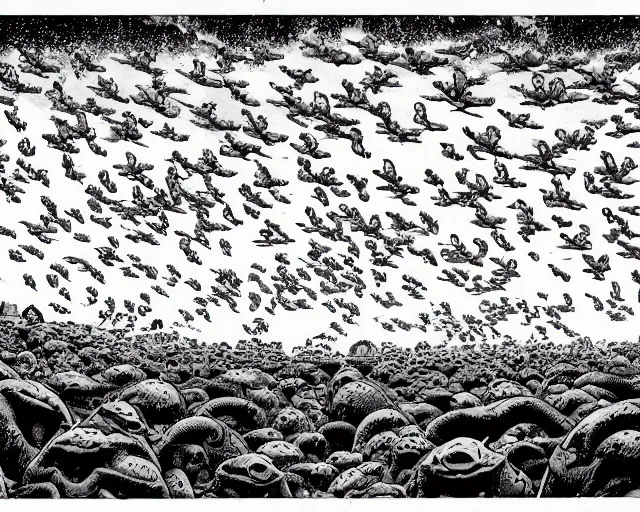 Prompt: A swarm of flying alien hippos animated by Pendleton Ward, extremely high detail, manga, ink