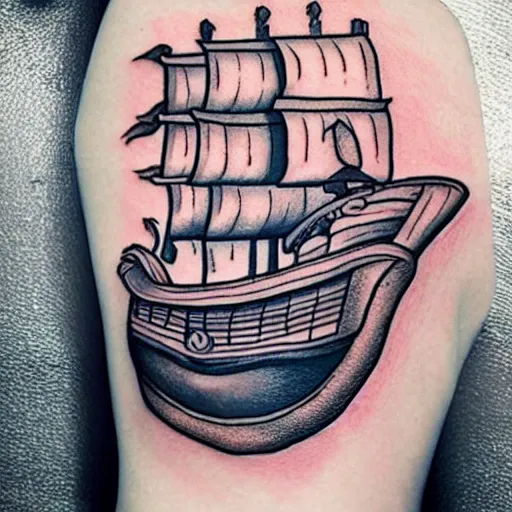 Image similar to A pirate ship tattoo design in the style of Dmitriy Samohin, hyper realistic tattoo