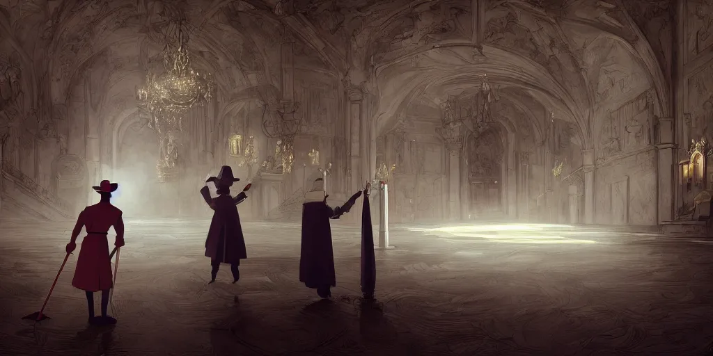 Image similar to animation key shot of a magician with a pointy hat dressed sweeping the floor in an elegant castle, studio ghibli, pixar and disney animation, sharp, rendered in unreal engine 5, anime key art by greg rutkowski, bloom, dramatic lighting