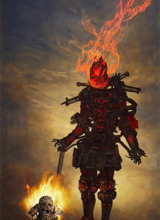 Image similar to portrait of a diabolical cyborg clown samurai fires a flamethrougher, wearing burning torn cape, dynamic pose, glowing eyes, ancient ruins, glowing veins subsurface scattering, in clouds, sunset, portrait, by gerald brom, by mikhail vrubel, by peter elson, muted colors, extreme detail, reflections, trending on artstation, 8 k