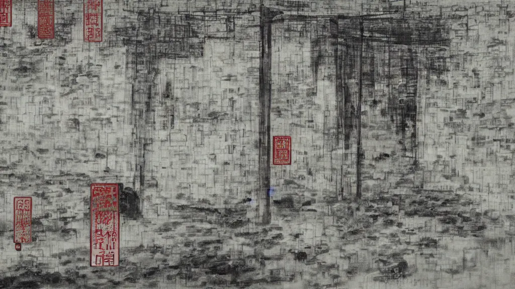 Prompt: a chinese prison near a river by peter doig, shades of grey, overlaid with chinese adverts