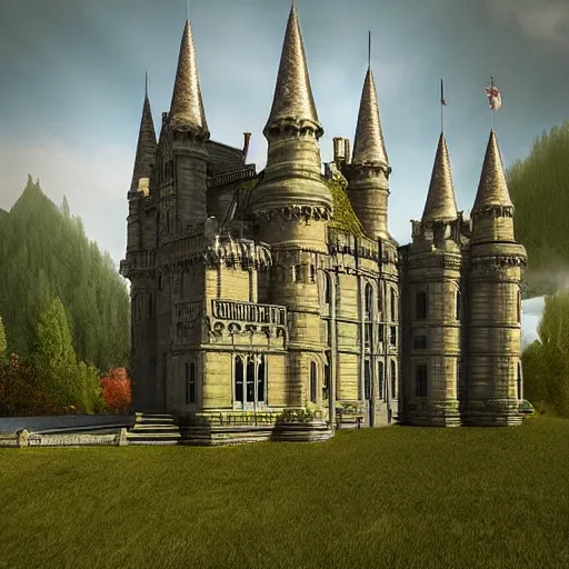 Prompt: England and Wales fairytale victorian castle with a fairytale green roof photorealistic cinematic highly detailed 19th century photorealistic