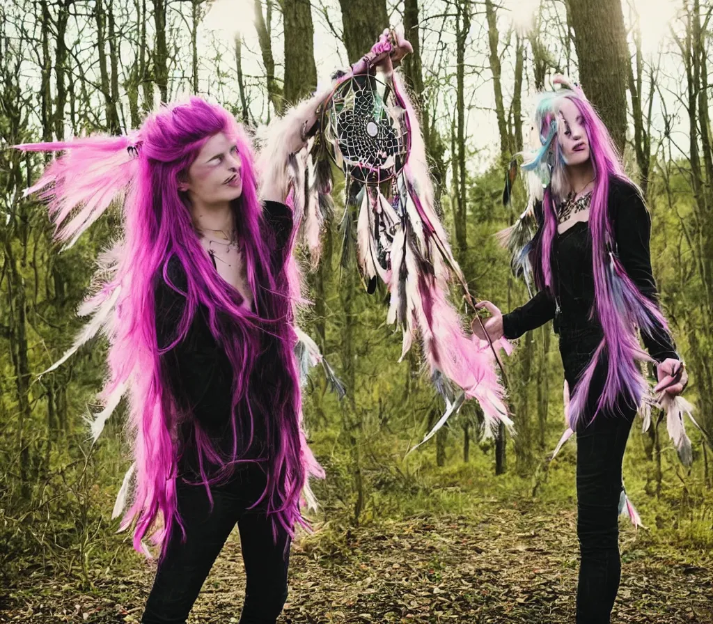 Prompt: realistic photo of a witch - like girl in a black cloack in jeans and with pastel pink hair and hazel eyes standing in woods full of sun beams holding a dreamcatcher and a tarot cards deck in a dreamy style, magical middleground with unicorns and a contemporary cityscape far on the background