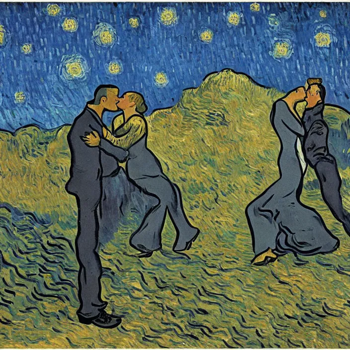 Prompt: one olive - skinned man and one woman kissing, painting by van gogh