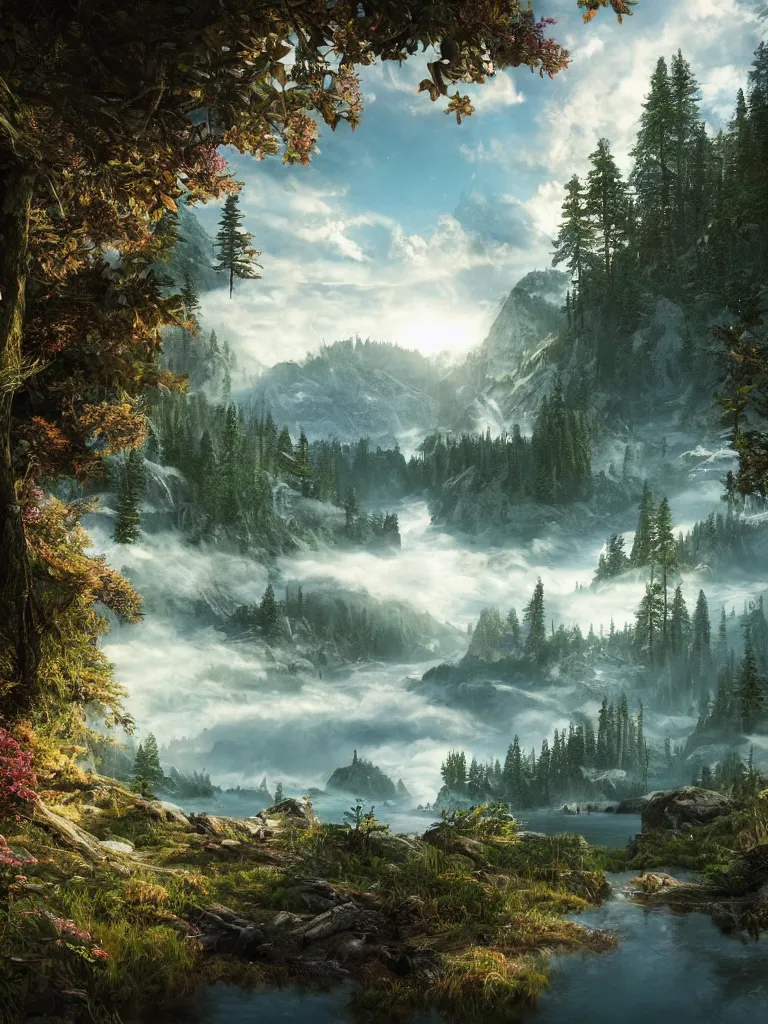 Prompt: a epic view of a mountainous lake, forest, flowers, concept art, trending on, very detailed, unreal engine, 4 k, photoreal, volumetric lighting, light rays, epic composition, warm colors, angelic