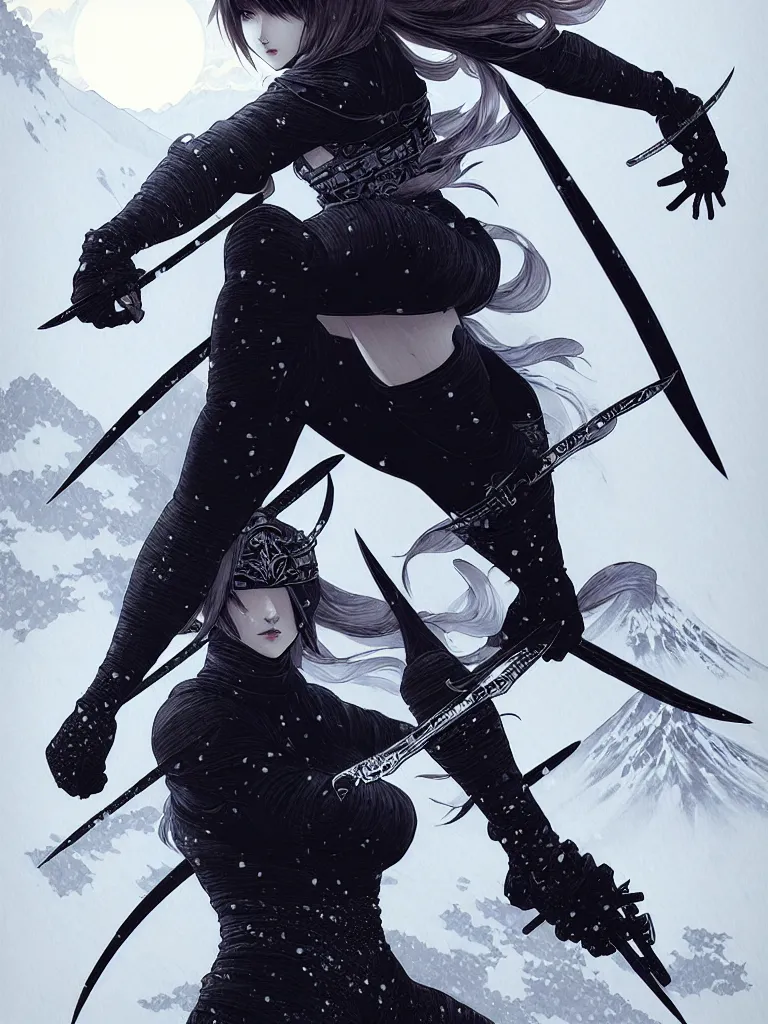 Image similar to portrait ninja gaiden girl, black plus white ninja wardrobe, at snowy fuji mountain sunrise, ssci - fi and fantasy, intricate and very very beautiful, detailed, digital painting, artstation, concept art, smooth and sharp focus, illustration, art by tian zi and wlop and alphonse mucha