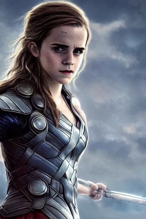 Image similar to photorealistic art of Emma Watson as the mighty Thor, cinematic lighting, horror art, 8k, intricate detailing